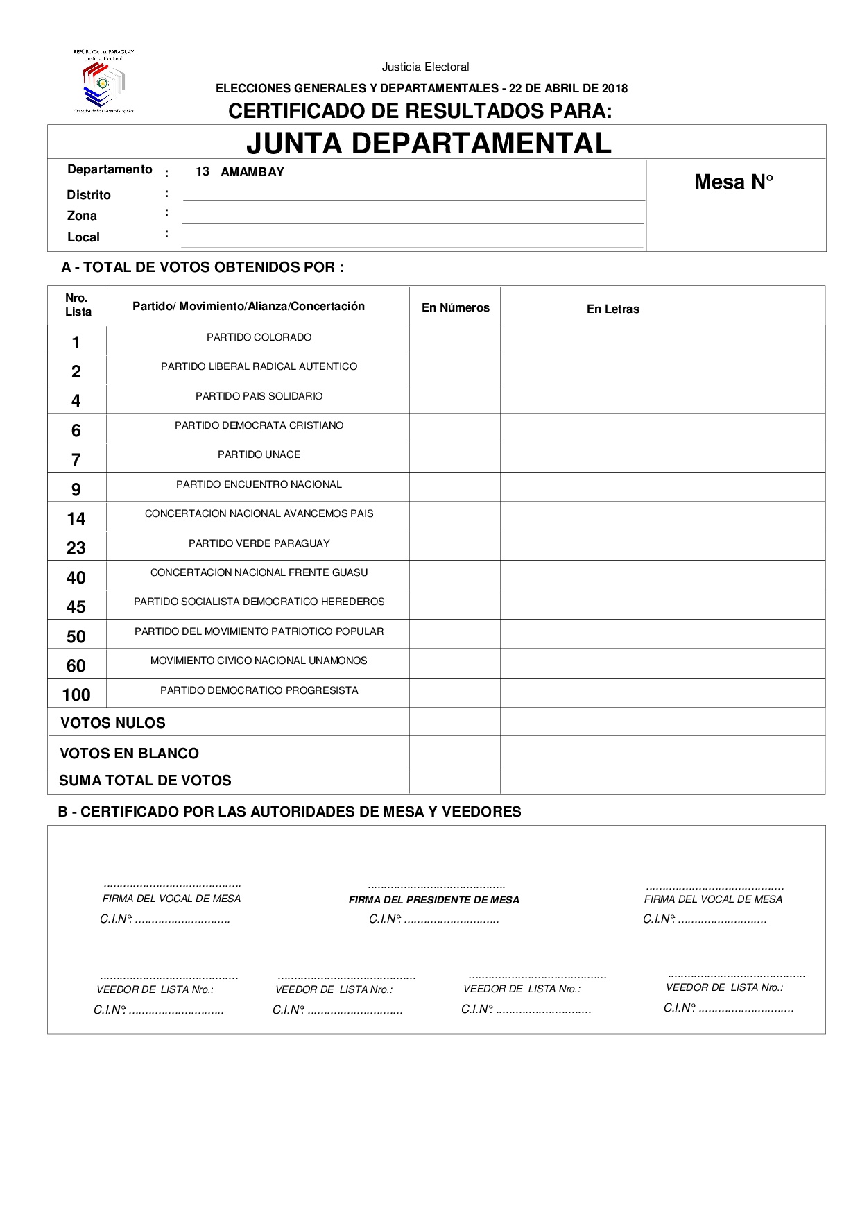 Certificado de Resultados Para JUNTA DEPARTAMENTAL DE AMAMBAY